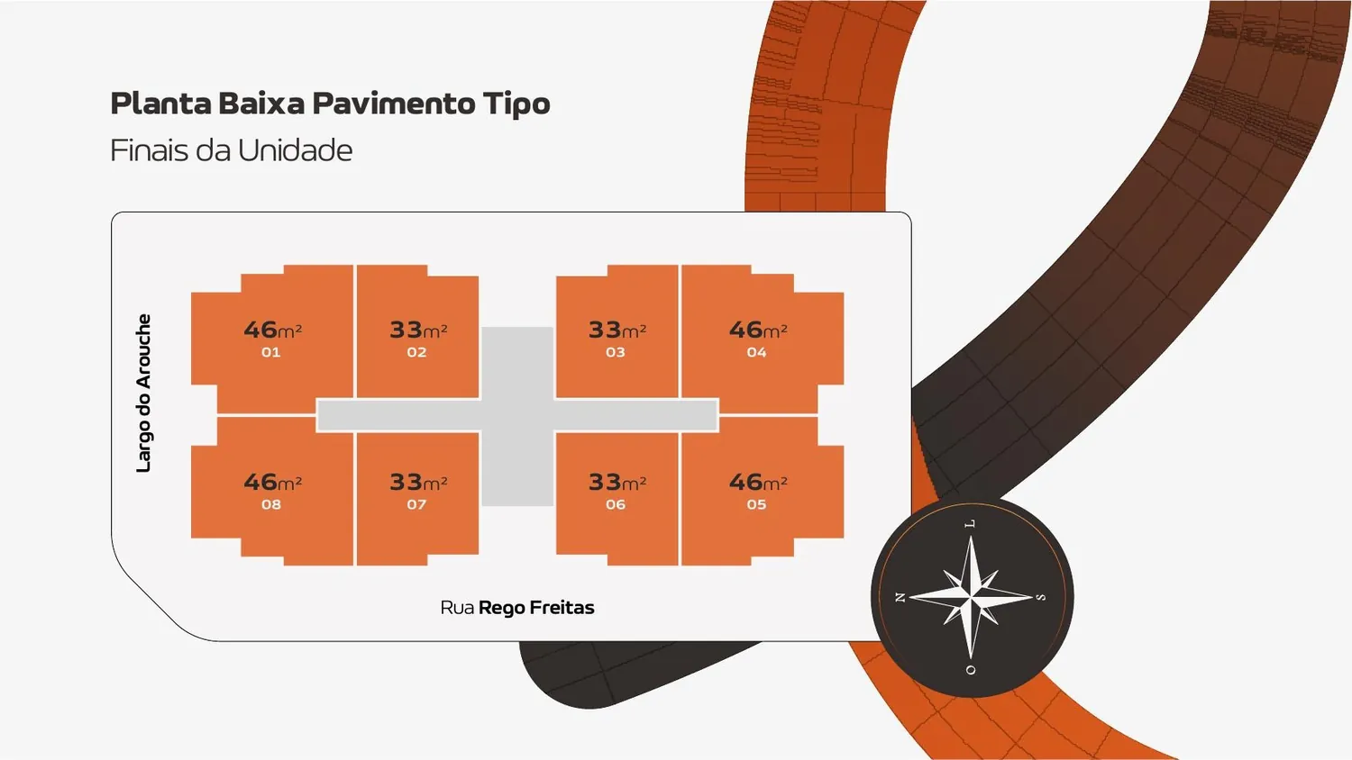 Planta baixa do pavimento tipo com a distribuição das oito unidades