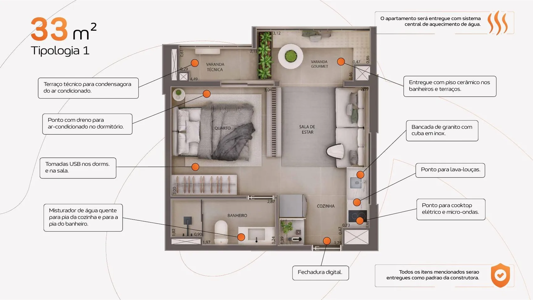 Planta humanizada da tipologia de 33,22m² com um dormitório