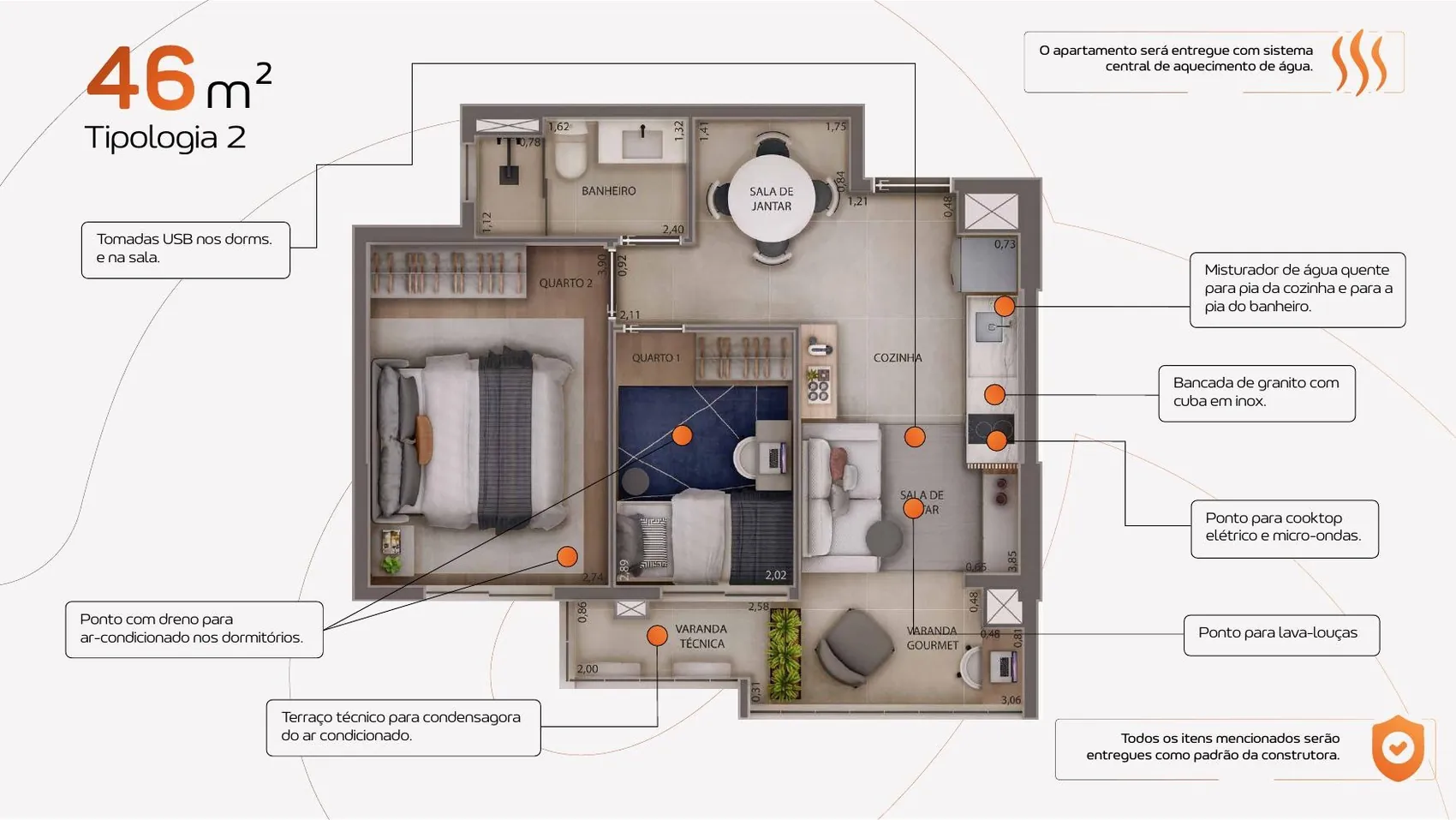 Planta humanizada da tipologia de 46,35m² com dois dormitórios