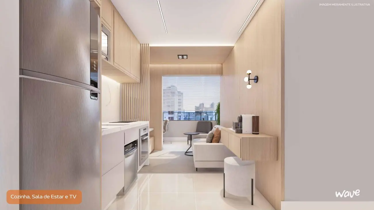 Cozinha e sala integradas da unidade de 46m²